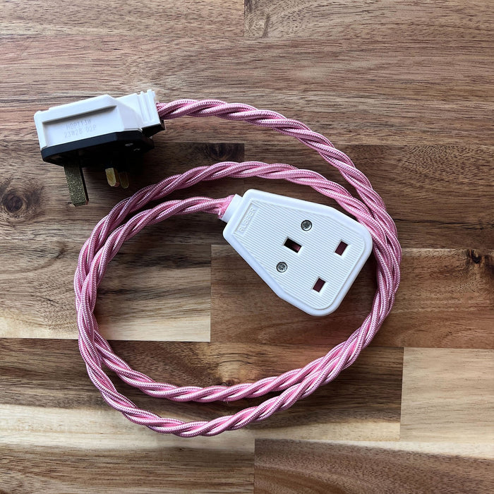 Pink Braided Fabric Decorative Extension Lead - White 1 Gang Trailing Socket